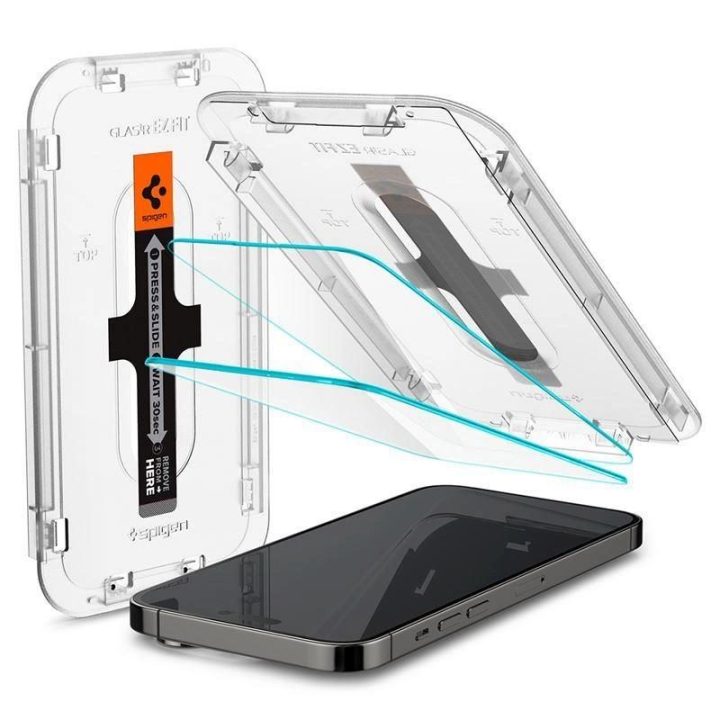 Grūdintas stiklas iPhone 14 Pro Max su Spigen Glas.tR EZ FIT aplikatoriumi (2 vnt.)
