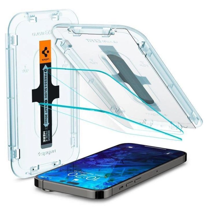 Grūdintas stiklas iPhone 14 Pro Max su Spigen Glas.tR EZ FIT aplikatoriumi (2 vnt.)