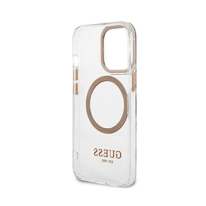 Guess GUHMP13XHTRMD iPhone 13 Pro Max 6,7 aukso / aukso spalvos deklas Metalinis kontūras Magsafe
