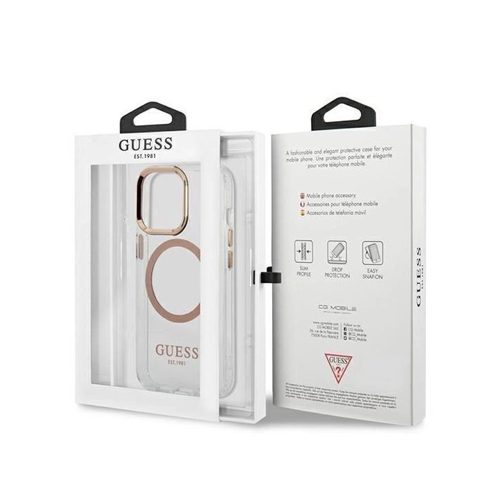 Guess GUHMP13XHTRMD iPhone 13 Pro Max 6,7 aukso / aukso spalvos deklas Metalinis kontūras Magsafe