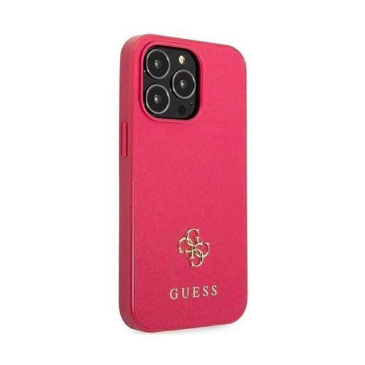 Guess Saffiano 4G mažas metalinis dėklas su logotipu iPhone 13 Pro / 13 - rožinis
