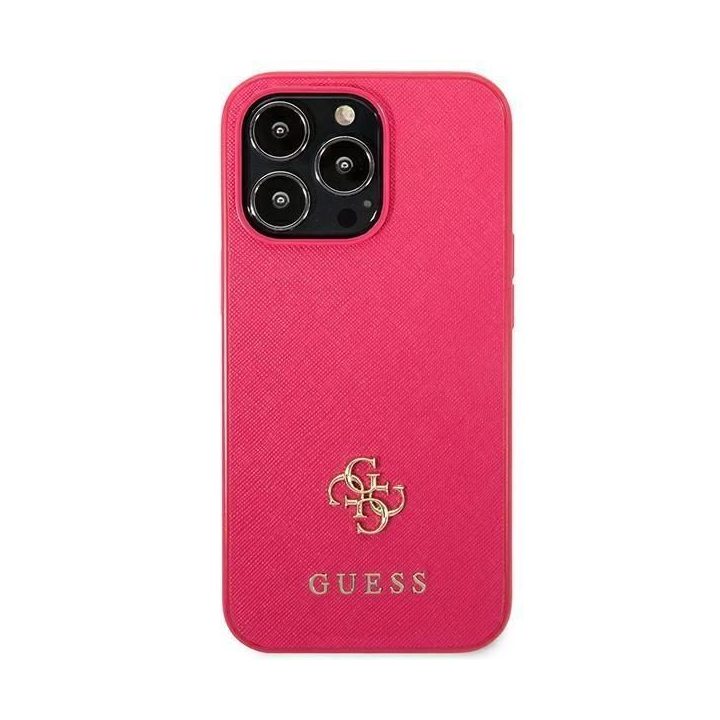 Guess Saffiano 4G mažas metalinis dėklas su logotipu iPhone 13 Pro / 13 - rožinis