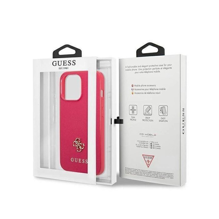 Guess Saffiano 4G mažas metalinis dėklas su logotipu iPhone 13 Pro / 13 - rožinis
