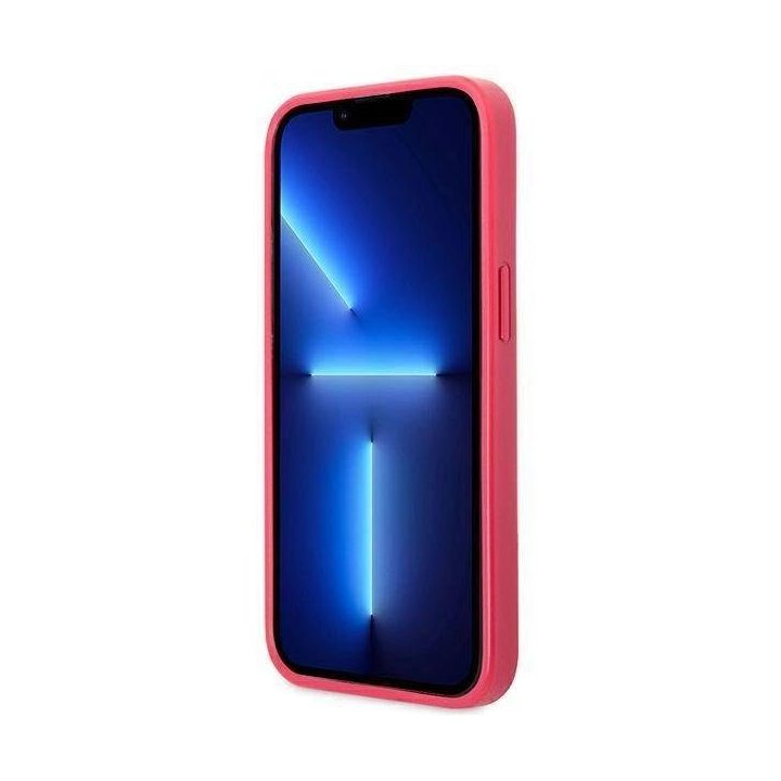 Guess Saffiano 4G mažas metalinis dėklas su logotipu iPhone 13 Pro / 13 - rožinis
