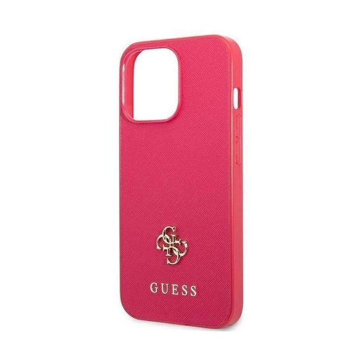 Guess Saffiano 4G mažas metalinis dėklas su logotipu iPhone 13 Pro / 13 - rožinis