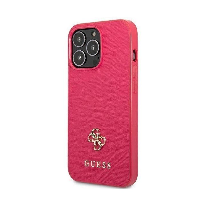 Guess Saffiano 4G mažas metalinis dėklas su logotipu iPhone 13 Pro / 13 - rožinis