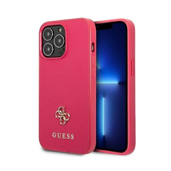 Guess Saffiano 4G mažas metalinis dėklas su logotipu iPhone 13 Pro / 13 - rožinis