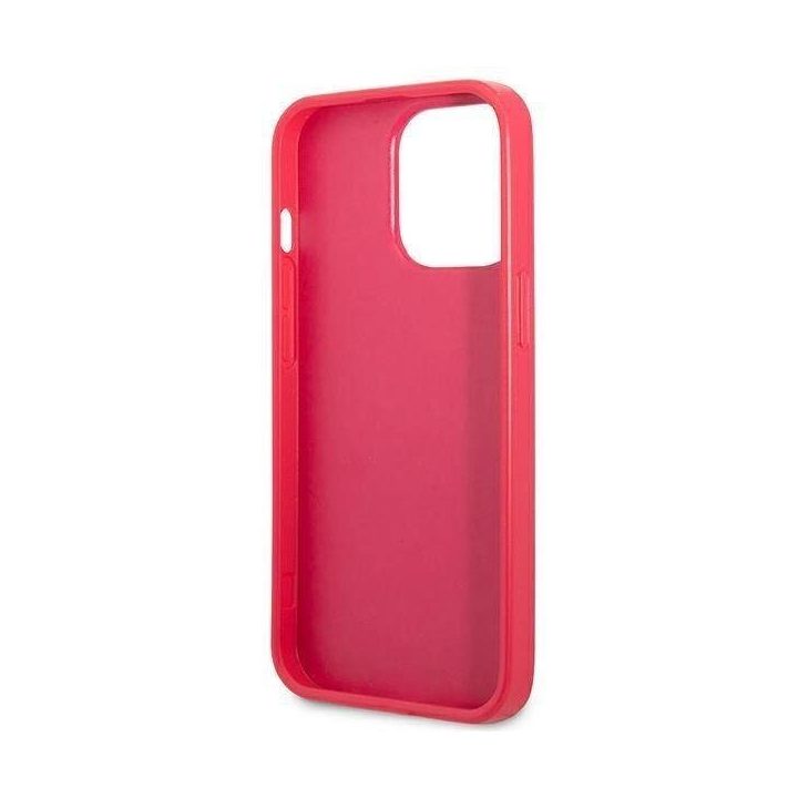 Guess Saffiano 4G mažas metalinis dėklas su logotipu iPhone 13 Pro / 13 - rožinis