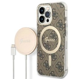 Komplektas Guess GUBPP13LH4EACSW Dėklas+įkroviklis iPhone 13 Pro rudos/rudos spalvos deklas 4G Spausdinti MagSafe