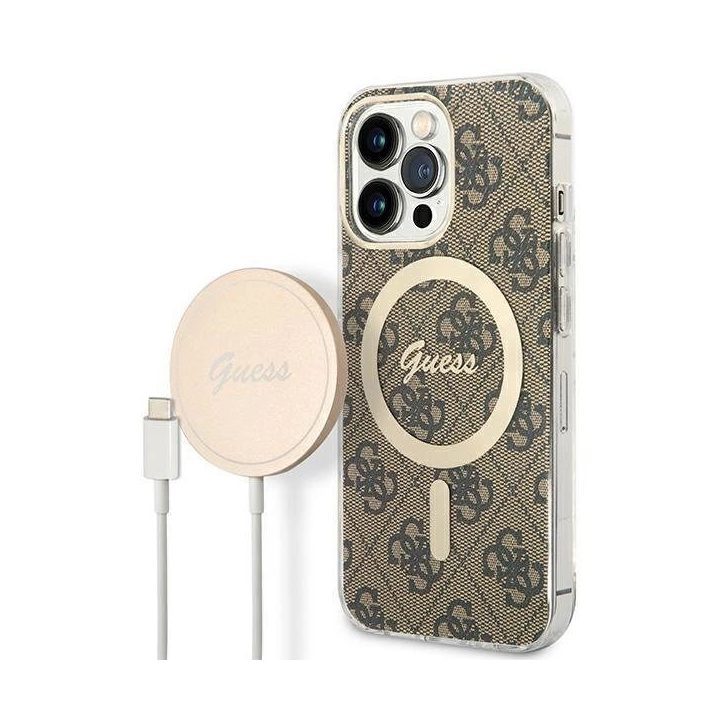 Komplektas Guess GUBPP13LH4EACSW Dėklas+įkroviklis iPhone 13 Pro rudos/rudos spalvos deklas 4G Spausdinti MagSafe