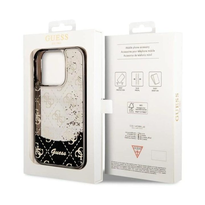 Guess GUHCP14LLC4PSGK iPhone 14 Pro 6,1 juodos/juodos spalvos deklas Liquid Glitter 4G Transculent