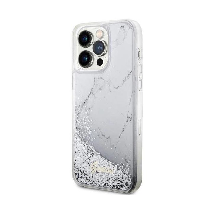 Guess GUHCP14XLCSGSGGH iPhone 14 Pro Max 6,7 baltos/baltos spalvos deklas Liquid Glitter Marble