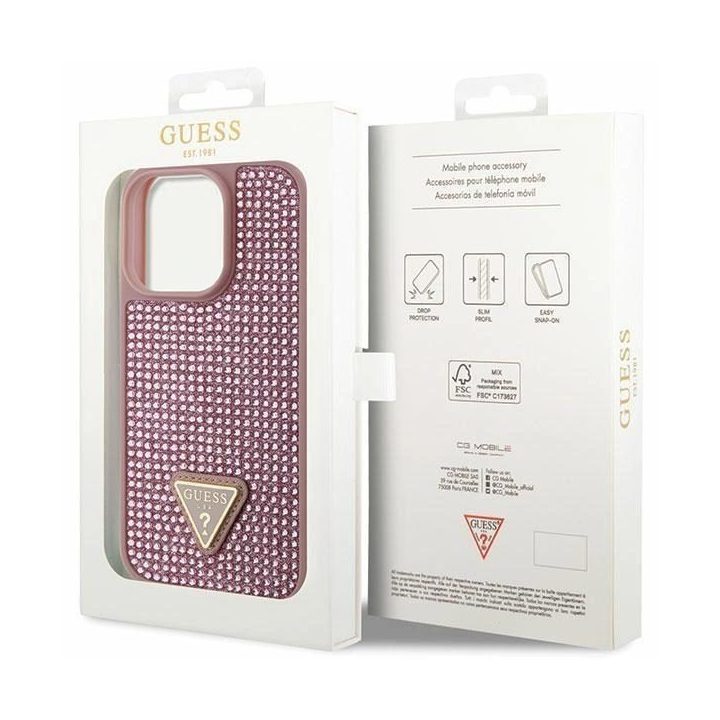 Guess GUHCP14LHDGTPP iPhone 14 Pro 6,1 rožinės/rožinės spalvos deklas su akmenukais Rhinestone Triangle