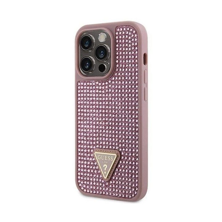 Guess GUHCP14LHDGTPP iPhone 14 Pro 6,1 rožinės/rožinės spalvos deklas su akmenukais Rhinestone Triangle