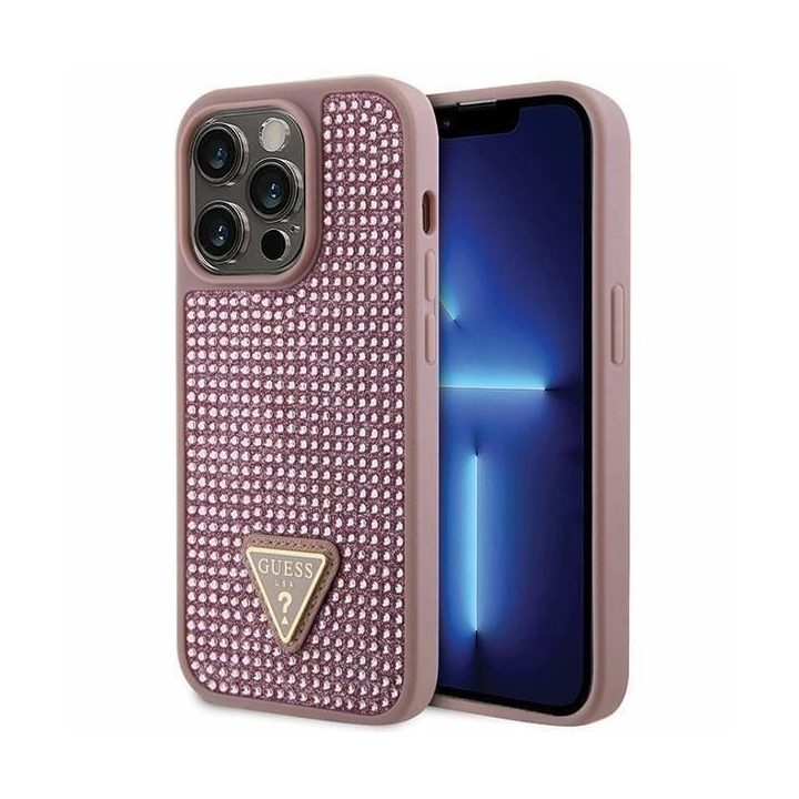 Guess GUHCP14LHDGTPP iPhone 14 Pro 6,1 rožinės/rožinės spalvos deklas su akmenukais Rhinestone Triangle