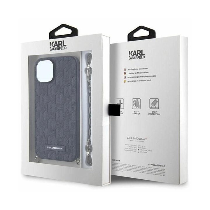 Karl Lagerfeld KLHCP14SSACKLHPK iPhone 14 6,1 juodos/juodos spalvos deklas Saffiano Monogram Chain