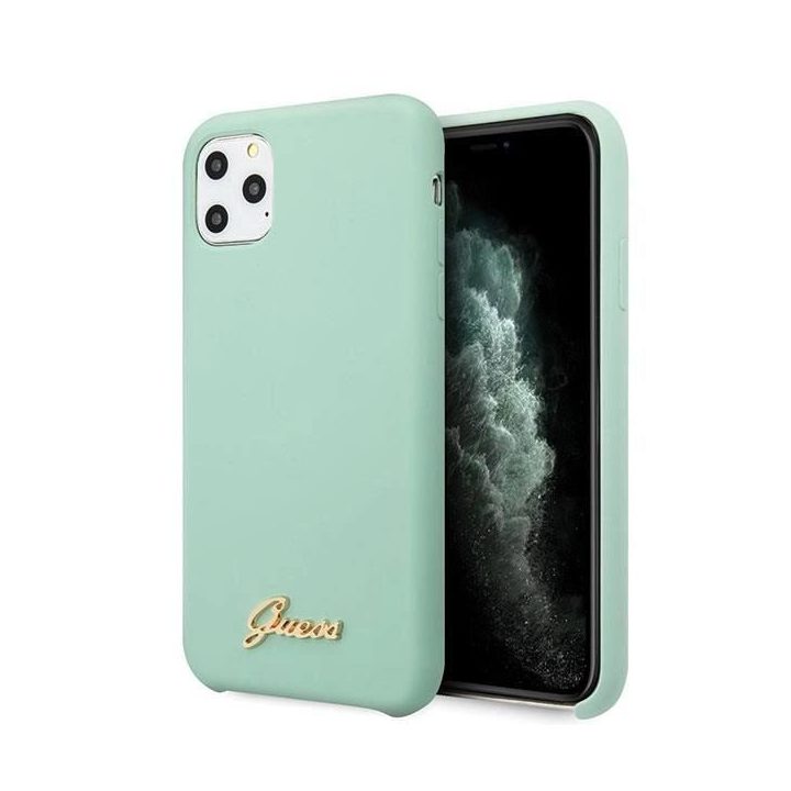 Guess GUHCN65LSLMGG iPhone 11 Pro Max žalias/žalias deklas Silikono derliaus aukso logotipas