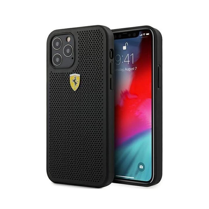 Ferrari FESPEHCP12LBK iPhone 12 Pro Max 6,7 juodos/juodos spalvos deklas On Track Perforated
