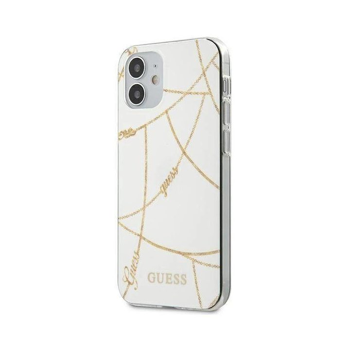 Guess GUHCP12SPCUCHWH iPhone 12 mini 5,4 , baltos/baltos spalvos deklas Auksinė grandinėlė
