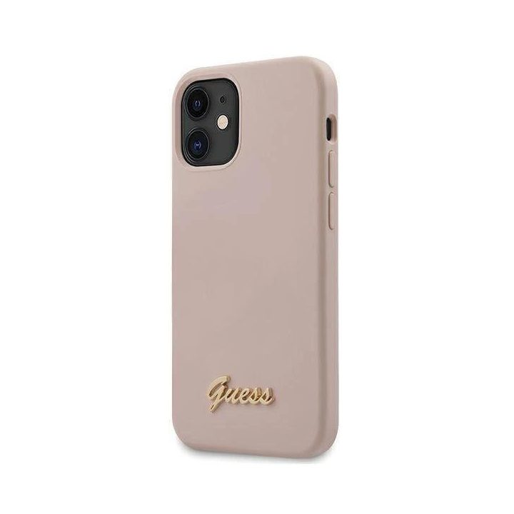 Guess GUHCP12SLSLMGLP iPhone 12 mini 5,4 šviesiai rožinės/šviesiai rožinės spalvos deklas Silikoninis Script Gold Logo