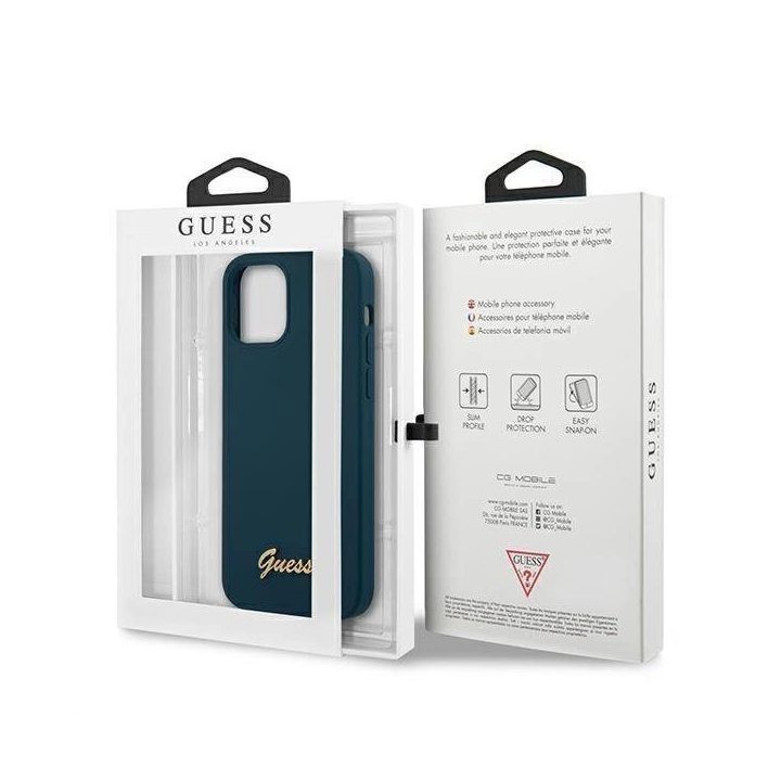Guess GUHCP12LLSLMGBL iPhone 12 Pro Max 6,7 mėlynos/mėlynos spalvos deklas Metalinis logotipas Script