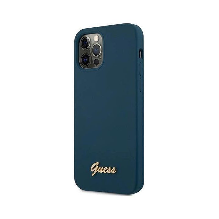Guess GUHCP12LLSLMGBL iPhone 12 Pro Max 6,7 mėlynos/mėlynos spalvos deklas Metalinis logotipas Script