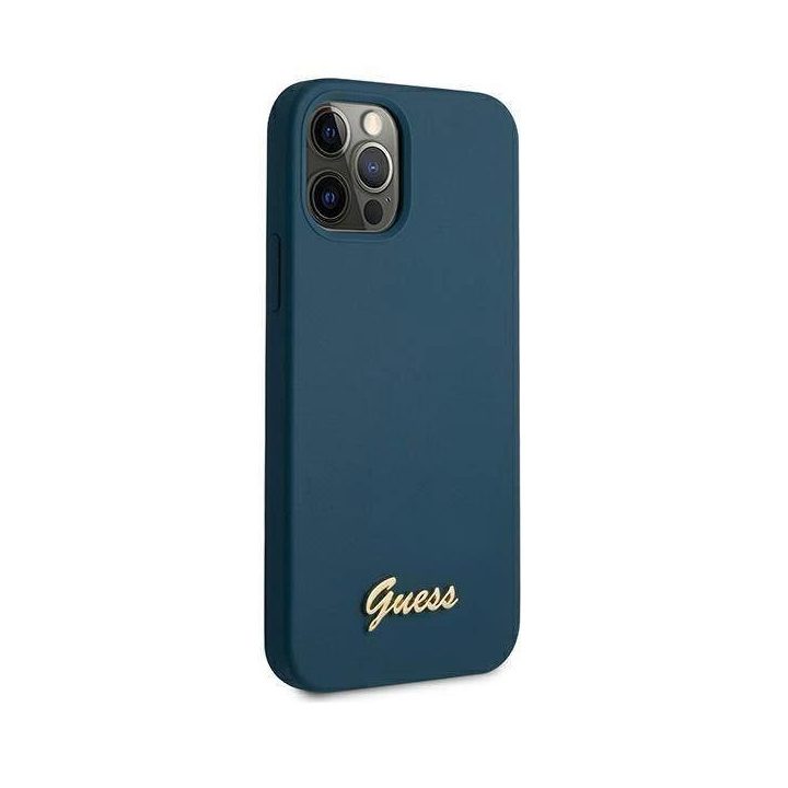 Guess GUHCP12LLSLMGBL iPhone 12 Pro Max 6,7 mėlynos/mėlynos spalvos deklas Metalinis logotipas Script