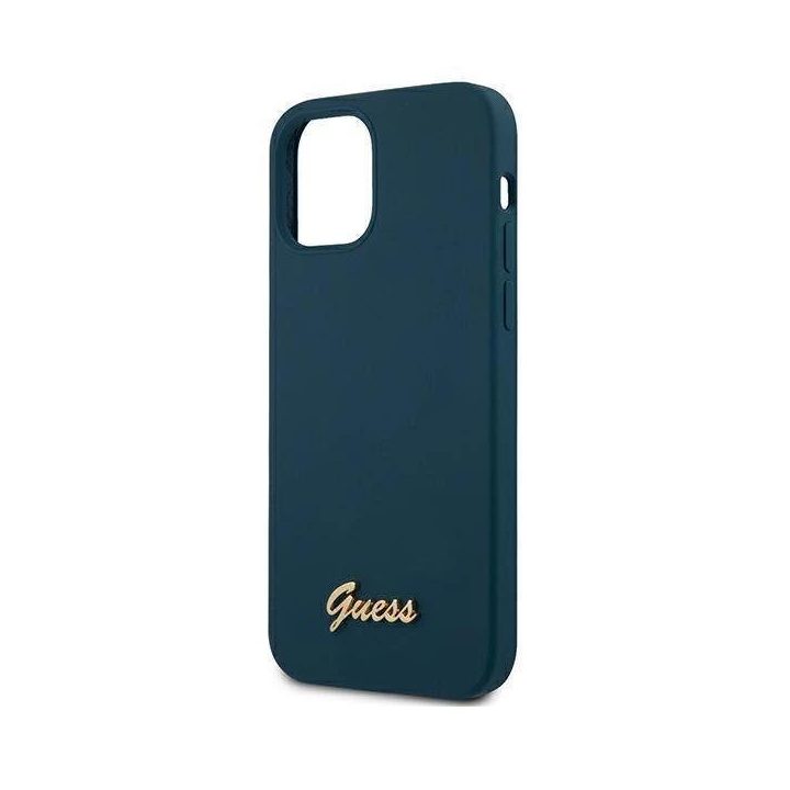 Guess GUHCP12LLSLMGBL iPhone 12 Pro Max 6,7 mėlynos/mėlynos spalvos deklas Metalinis logotipas Script