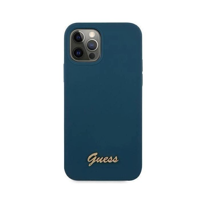 Guess GUHCP12LLSLMGBL iPhone 12 Pro Max 6,7 mėlynos/mėlynos spalvos deklas Metalinis logotipas Script