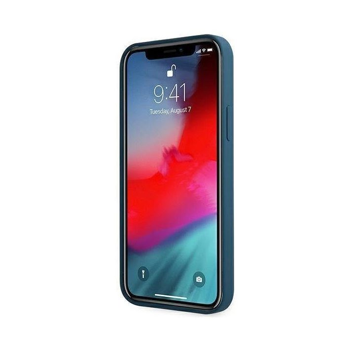 Guess GUHCP12LLSLMGBL iPhone 12 Pro Max 6,7 mėlynos/mėlynos spalvos deklas Metalinis logotipas Script