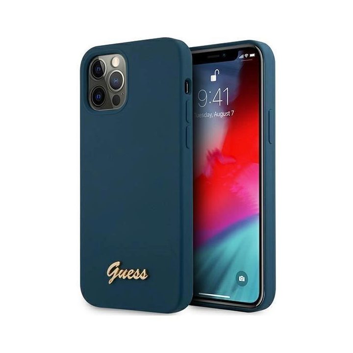 Guess GUHCP12LLSLMGBL iPhone 12 Pro Max 6,7 mėlynos/mėlynos spalvos deklas Metalinis logotipas Script