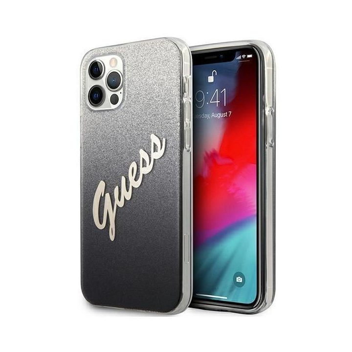 Guess GUHCP12LPCUGLSBK iPhone 12 Pro Max 6,7 juodos/juodos spalvos deklas Glitter Gradient Script