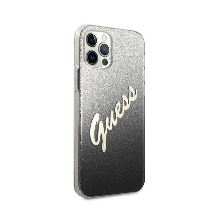 Guess GUHCP12LPCUGLSBK iPhone 12 Pro Max 6,7 juodos/juodos spalvos deklas Glitter Gradient Script