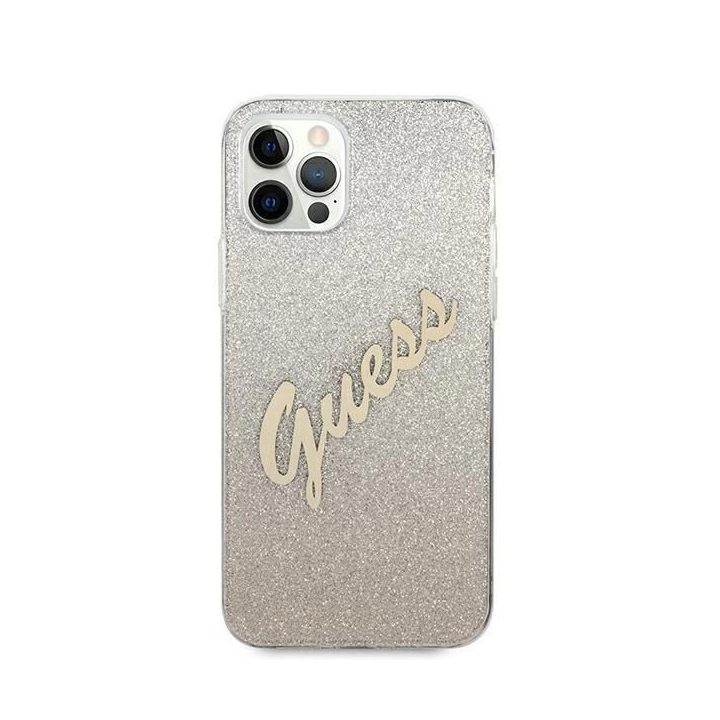 Guess GUHCP12LPCUGLSGO iPhone 12 Pro Max 6,7 aukso/aukso spalvos deklas Glitter Gradient Script