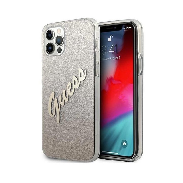 Guess GUHCP12LPCUGLSGO iPhone 12 Pro Max 6,7 aukso/aukso spalvos deklas Glitter Gradient Script