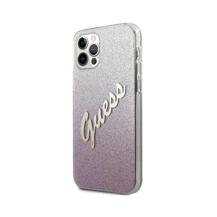 Guess GUHCP12LPCUGLSPI iPhone 12 Pro Max 6,7 rausvas/rožinis deklas Glitter Gradient Script