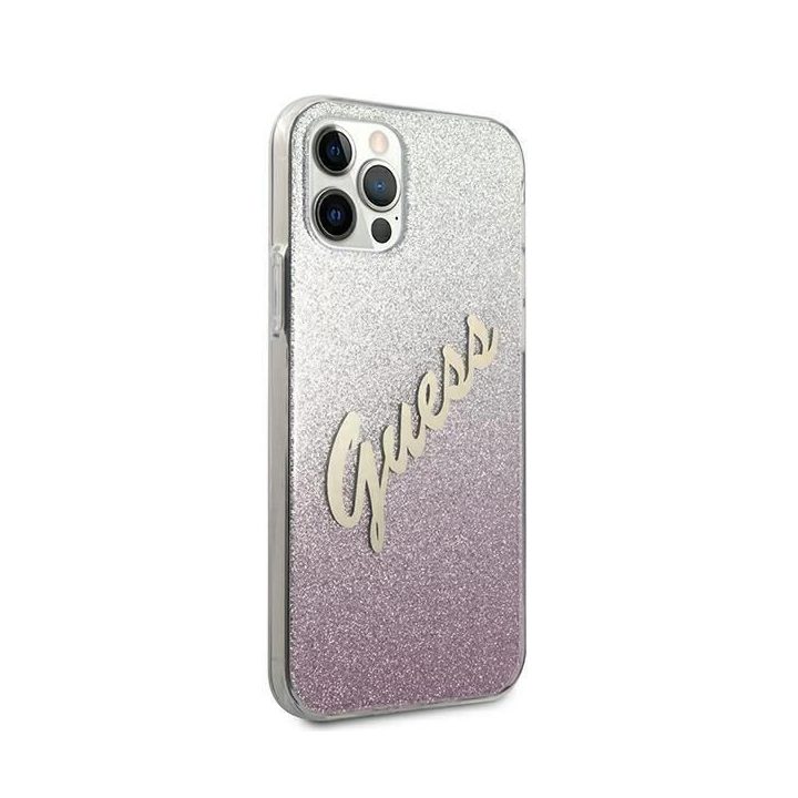 Guess GUHCP12LPCUGLSPI iPhone 12 Pro Max 6,7 rausvas/rožinis deklas Glitter Gradient Script