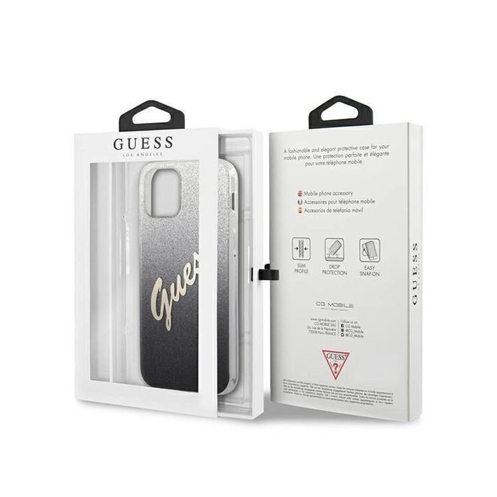 Guess GUHCP12MPCUGLSBK iPhone 12/12 Pro 6.1 juodos/juodos spalvos deklas Glitter Gradient Script