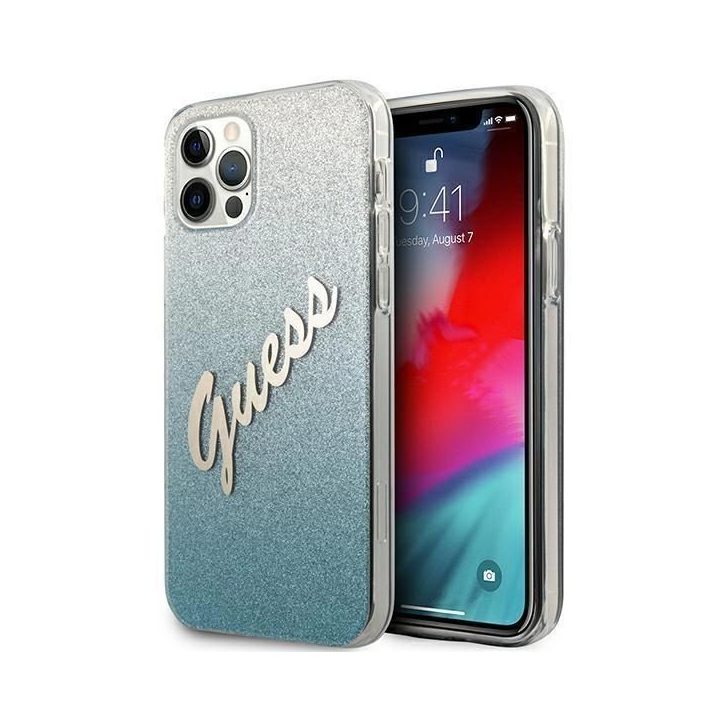 Guess GUHCP12MPCUGLSBL iPhone 12/12 Pro 6.1 mėlynos/mėlynos spalvos deklas Glitter Gradient Script