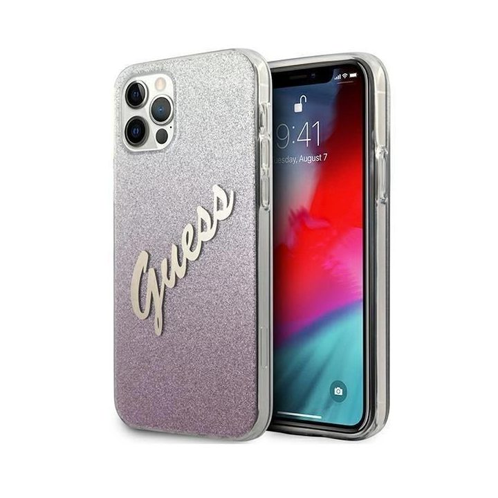 Guess GUHCP12MPCUGLSPI iPhone 12/12 Pro 6.1 rausvas/rožinis deklas Glitter Gradient Script