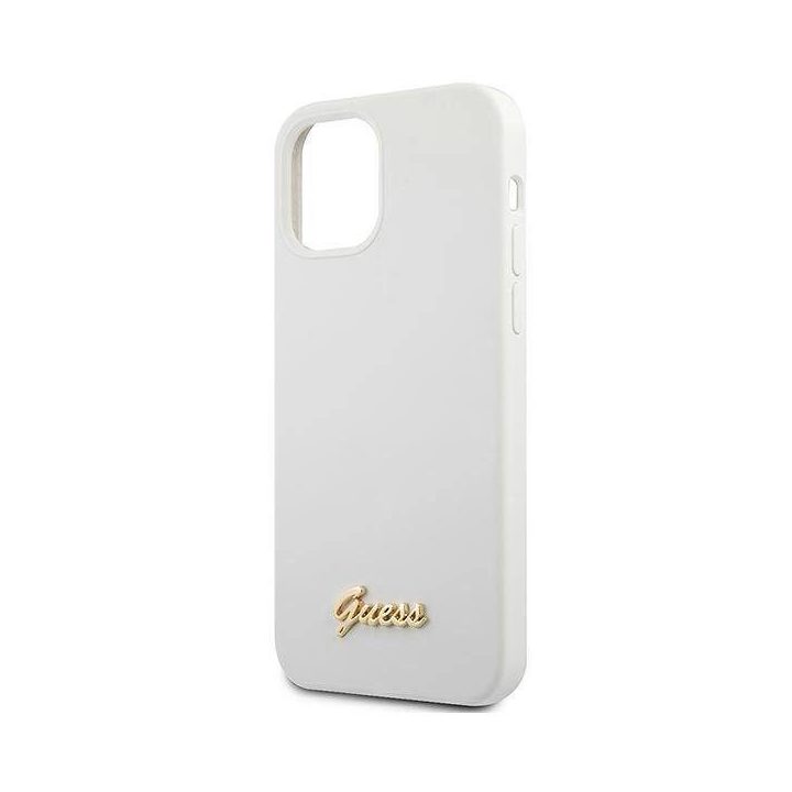 Guess GUHCP12SLSLMGWH iPhone 12 mini 5,4 , baltos/baltos spalvos deklas Metalinis logotipas Script