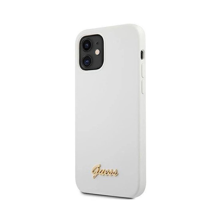 Guess GUHCP12SLSLMGWH iPhone 12 mini 5,4 , baltos/baltos spalvos deklas Metalinis logotipas Script