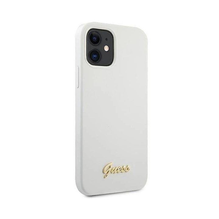 Guess GUHCP12SLSLMGWH iPhone 12 mini 5,4 , baltos/baltos spalvos deklas Metalinis logotipas Script