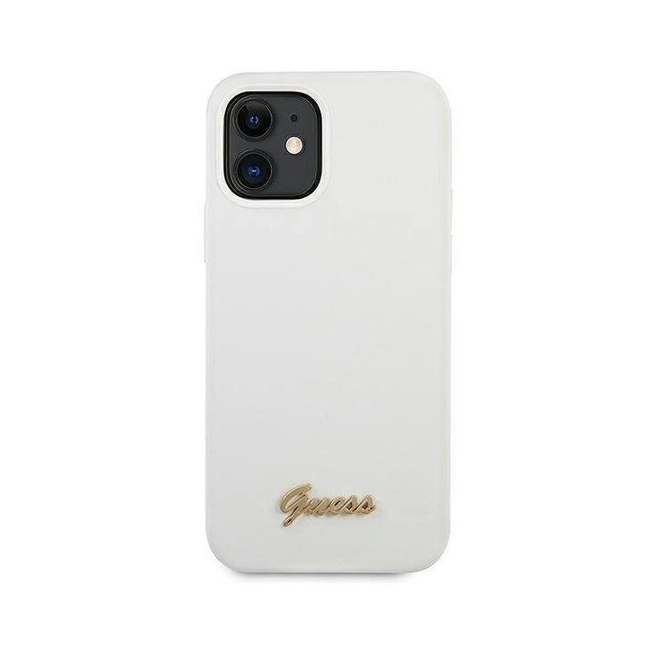 Guess GUHCP12SLSLMGWH iPhone 12 mini 5,4 , baltos/baltos spalvos deklas Metalinis logotipas Script