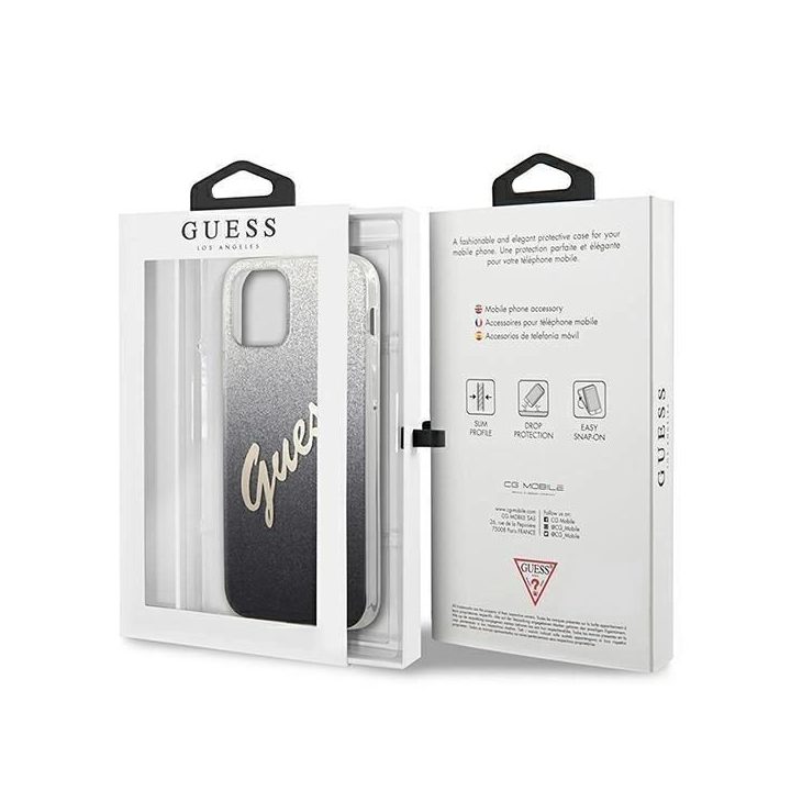 Guess GUHCP12SPCUGLSBK iPhone 12 mini 5,4 juodos/juodos spalvos deklas Glitter Gradient Script