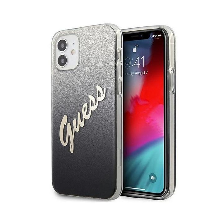 Guess GUHCP12SPCUGLSBK iPhone 12 mini 5,4 juodos/juodos spalvos deklas Glitter Gradient Script