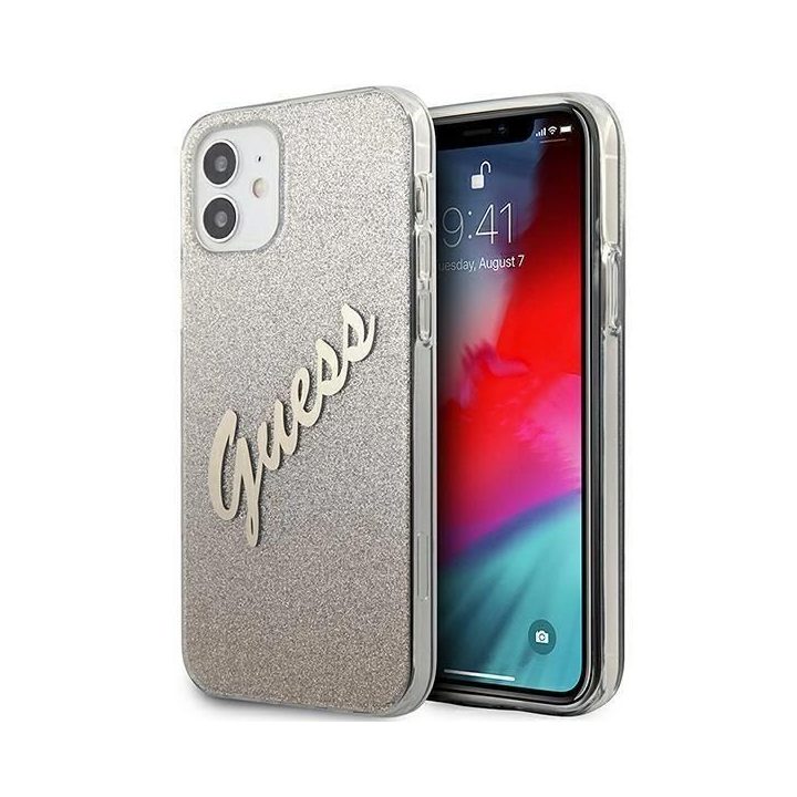 Guess GUHCP12SPCUGLSGO iPhone 12 mini 5,4 aukso/aukso spalvos deklas Glitter Gradient Script