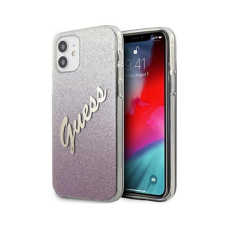 Guess GUHCP12SPCUGLSPI iPhone 12 mini 5,4 rožinės/rožinės spalvos deklas Glitter Gradient Script
