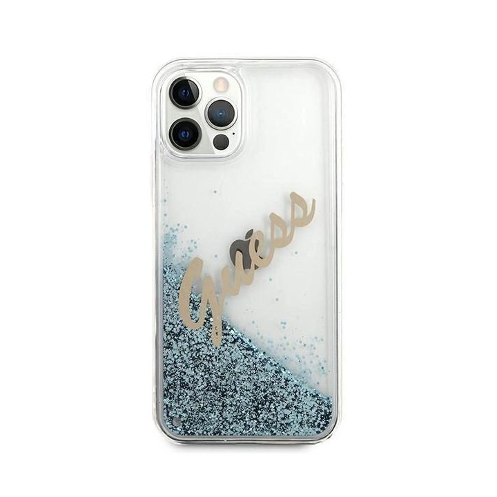 Guess GUHCP12LGLVSBL iPhone 12 Pro Max 6,7 mėlynos/mėlynos spalvos deklas Glitter Vintage Script
