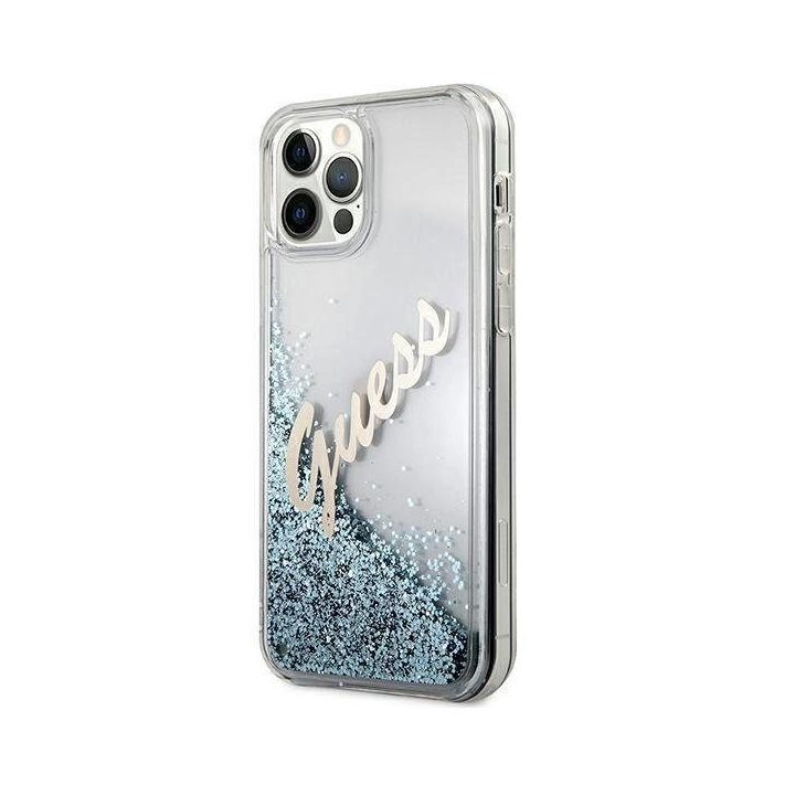 Guess GUHCP12LGLVSBL iPhone 12 Pro Max 6,7 mėlynos/mėlynos spalvos deklas Glitter Vintage Script